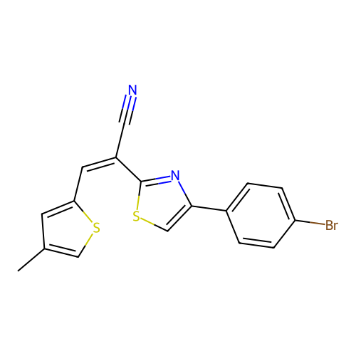 (2Z)-2-[4-(4-bromophenyl)-1,3-thiazol-2-yl]-3-(4-methylthiophen-2-yl)prop-2-enenitrile structure