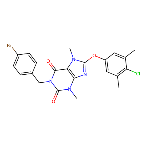1-[(4-bromophenyl)methyl]-8-(4-chloro-3,5-dimethylphenoxy)-3,7-dimethylpurine-2,6-dione structure