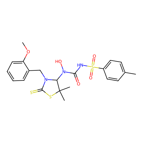 1-hydroxy-1-[3-[(2-methoxyphenyl)methyl]-5,5-dimethyl-2-sulfanylidene-1,3-thiazolidin-4-yl]-3-(4-methylphenyl)sulfonylurea structure