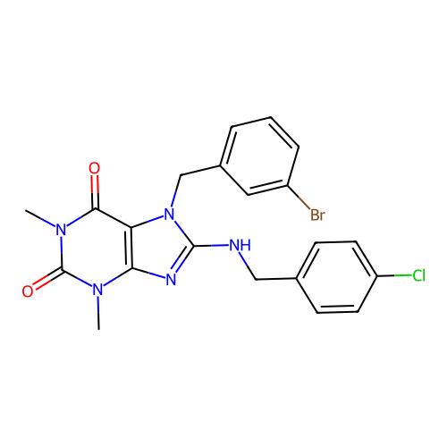 7-(3-bromobenzyl)-8-((4-chlorobenzyl)amino)-1,3-dimethyl-1H-purine-2,6(3H,7H)-dione structure