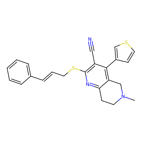 2-(cinnamylthio)-6-methyl-4-(thiophen-3-yl)-5,6,7,8-tetrahydro-1,6-naphthyridine-3-carbonitrile structure