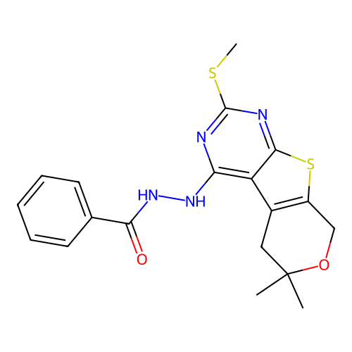 N'-(6,6-dimethyl-2-(methylthio)-6,8-dihydro-5H-pyrano[4',3':4,5]thieno[2,3-d]pyrimidin-4-yl)benzohydrazide structure