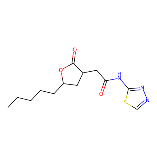 2-(2-oxo-5-pentyltetrahydrofuran-3-yl)-N-(1,3,4-thiadiazol-2-yl)acetamide structure