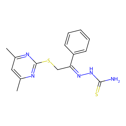 (E)-2-(2-((4,6-dimethylpyrimidin-2-yl)thio)-1-phenylethylidene)hydrazinecarbothioamide structure