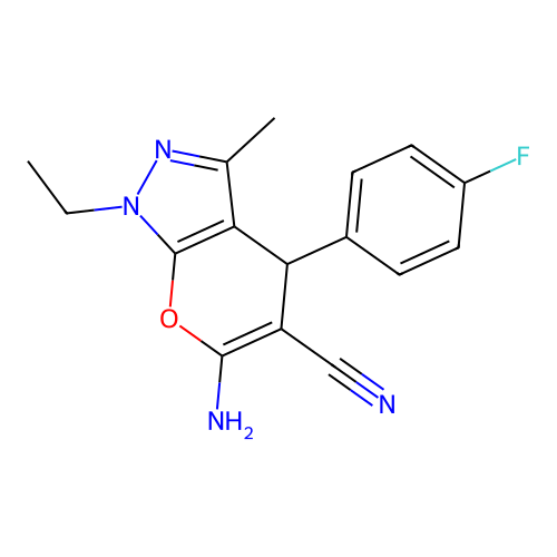6-amino-1-ethyl-4-(4-fluorophenyl)-3-methyl-1,4-dihydropyrano[2,3-c]pyrazole-5-carbonitrile structure
