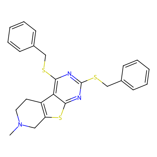 2,4-bis(benzylthio)-7-methyl-5,6,7,8-tetrahydropyrido[4',3':4,5]thieno[2,3-d]pyrimidine structure