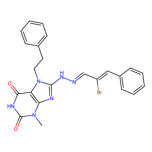 8-{(2E)-2-[(2Z)-2-bromo-3-phenylprop-2-en-1-ylidene]hydrazinyl}-3-methyl-7-(2-phenylethyl)-3,7-dihydro-1H-purine-2,6-dione structure