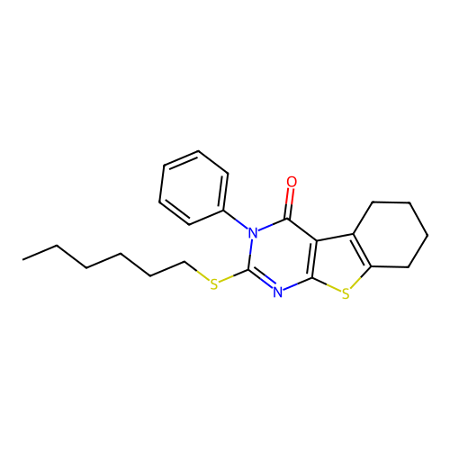 2-(hexylsulfanyl)-3-phenyl-5,6,7,8-tetrahydro[1]benzothieno[2,3-d]pyrimidin-4(3H)-one structure