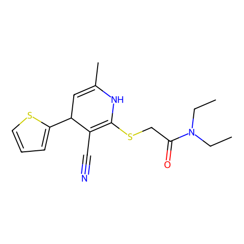 2-((3-cyano-6-methyl-4-(thiophen-2-yl)-1,4-dihydropyridin-2-yl)thio)-N,N-diethylacetamide structure