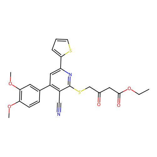 ethyl 4-((3-cyano-4-(3,4-dimethoxyphenyl)-6-(thiophen-2-yl)pyridin-2-yl)thio)-3-oxobutanoate structure
