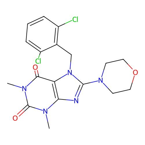 7-(2,6-dichlorobenzyl)-1,3-dimethyl-8-morpholino-1H-purine-2,6(3H,7H)-dione structure