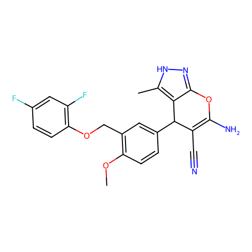 6-amino-4-(3-((2,4-difluorophenoxy)methyl)-4-methoxyphenyl)-3-methyl-2,4-dihydropyrano[2,3-c]pyrazole-5-carbonitrile structure
