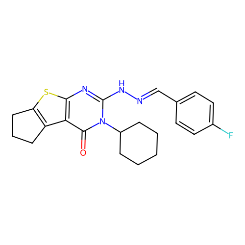 3-cyclohexyl-2-[(2E)-2-(4-fluorobenzylidene)hydrazinyl]-3,5,6,7-tetrahydro-4H-cyclopenta[4,5]thieno[2,3-d]pyrimidin-4-one structure