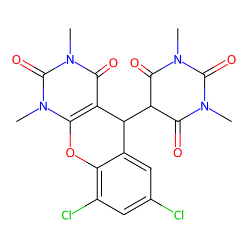 5-(7,9-dichloro-1,3-dimethyl-2,4-dioxo-1,3,4,5-tetrahydro-2H-chromeno[2,3-d]pyrimidin-5-yl)-1,3-dimethylpyrimidine-2,4,6(1H,3H,5H)-trione structure