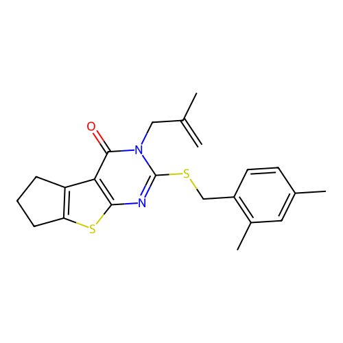 2-((2,4-dimethylbenzyl)thio)-3-(2-methylallyl)-6,7-dihydro-3H-cyclopenta[4,5]thieno[2,3-d]pyrimidin-4(5H)-one structure