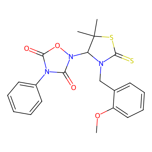2-(3-(2-methoxybenzyl)-5,5-dimethyl-2-thioxothiazolidin-4-yl)-4-phenyl-1,2,4-oxadiazolidine-3,5-dione structure