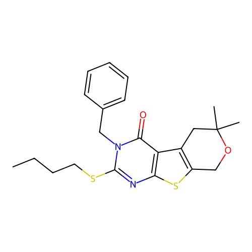 3-benzyl-2-(butylsulfanyl)-6,6-dimethyl-3,5,6,8-tetrahydro-4H-pyrano[4',3':4,5]thieno[2,3-d]pyrimidin-4-one structure