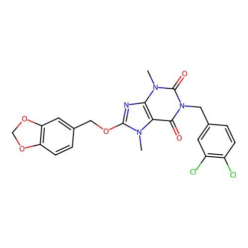 1-(3,4-dichlorobenzyl)-3,7-dimethyl-8-piperonyloxy-xanthine structure