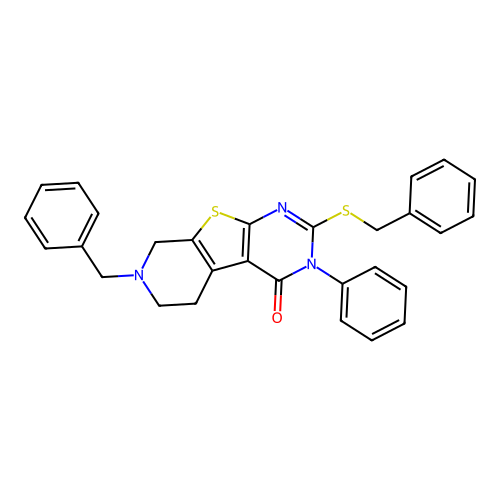7-benzyl-2-(benzylsulfanyl)-3-phenyl-5,6,7,8-tetrahydropyrido[4',3':4,5]thieno[2,3-d]pyrimidin-4(3H)-one structure