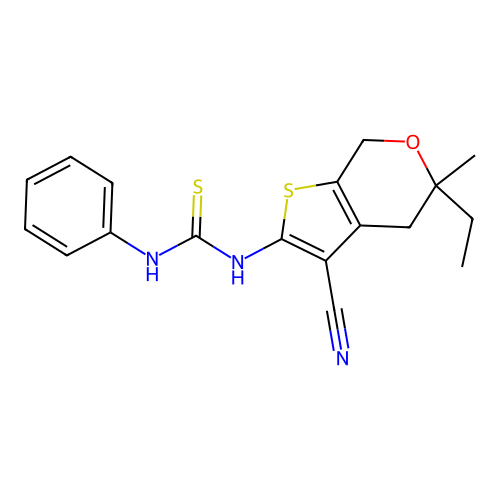1-(3-cyano-5-ethyl-5-methyl-4,7-dihydrothieno[2,3-c]pyran-2-yl)-3-phenylthiourea structure