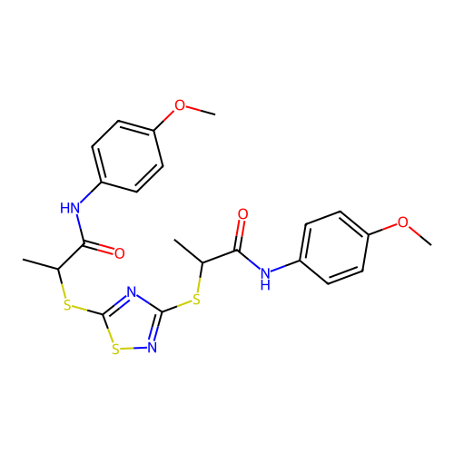 2,2'-((1,2,4-thiadiazole-3,5-diyl)bis(sulfanediyl))bis(N-(4-methoxyphenyl)propanamide) structure
