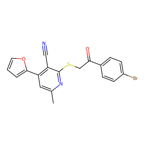 2-((2-(4-bromophenyl)-2-oxoethyl)thio)-4-(furan-2-yl)-6-methylnicotinonitrile structure