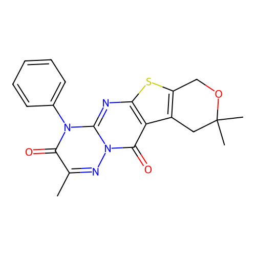 2,9,9-trimethyl-4-phenyl-9,10-dihydropyrano[4'',3'':4',5']thieno[2',3':4,5]pyrimido[1,2-b][1,2,4]triazine-3,11(4H,7H)-dione structure
