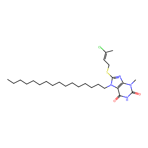 8-[(E)-3-chlorobut-2-enyl]sulfanyl-7-hexadecyl-3-methylpurine-2,6-dione structure