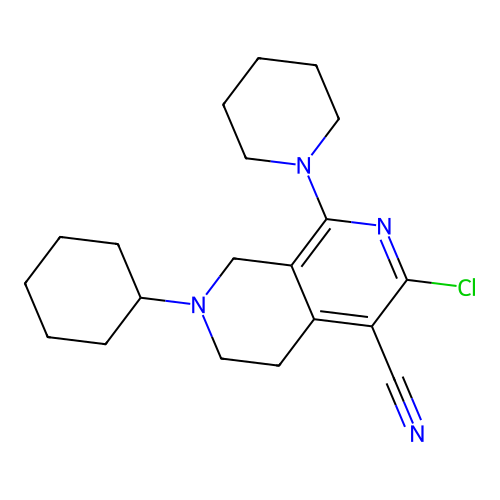 3-chloro-7-cyclohexyl-1-(piperidin-1-yl)-5,6,7,8-tetrahydro-2,7-naphthyridine-4-carbonitrile structure
