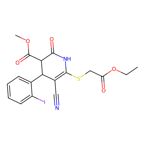 methyl 5-cyano-6-((2-ethoxy-2-oxoethyl)thio)-4-(2-iodophenyl)-2-oxo-1,2,3,4-tetrahydropyridine-3-carboxylate structure