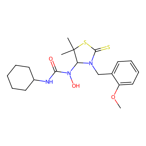 3-cyclohexyl-1-hydroxy-1-(3-(2-methoxybenzyl)-5,5-dimethyl-2-thioxothiazolidin-4-yl)urea structure