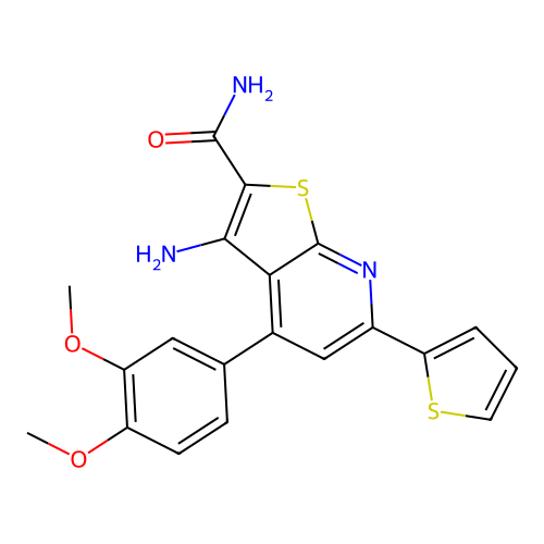 3-amino-4-(3,4-dimethoxyphenyl)-6-(thiophen-2-yl)thieno[2,3-b]pyridine-2-carboxamide structure