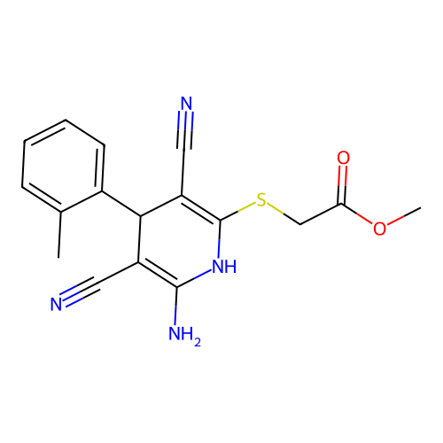 Methyl 2-((6-amino-3,5-dicyano-4-(o-tolyl)-1,4-dihydropyridin-2-yl)thio)acetate structure