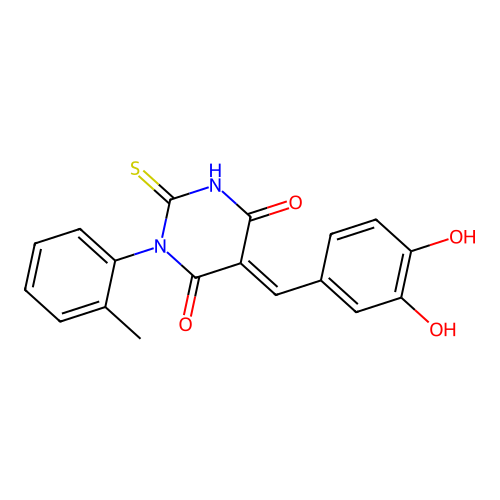 (E)-5-(3,4-dihydroxybenzylidene)-2-thioxo-1-(o-tolyl)dihydropyrimidine-4,6(1H,5H)-dione structure
