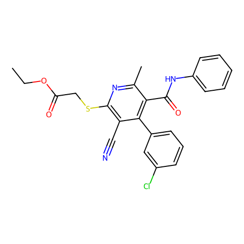 Ethyl 2-[4-(3-chlorophenyl)-3-cyano-6-methyl-5-(phenylcarbamoyl)pyridin-2-yl]sulfanylacetate structure