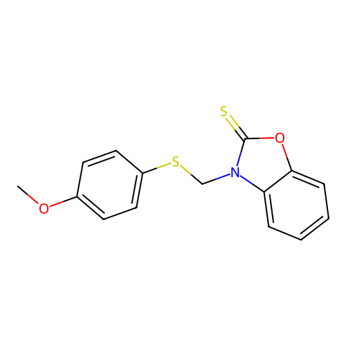 3-(((4-methoxyphenyl)thio)methyl)benzo[d]oxazole-2(3H)-thione structure