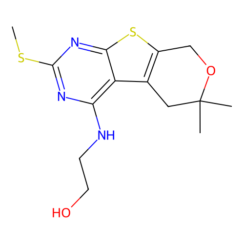 2-((6,6-dimethyl-2-(methylthio)-6,8-dihydro-5H-pyrano[4',3':4,5]thieno[2,3-d]pyrimidin-4-yl)amino)ethanol structure