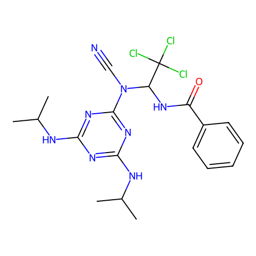 N-(1-(N-(4,6-bis(isopropylamino)-1,3,5-triazin-2-yl)cyanamido)-2,2,2-trichloroethyl)benzamide structure
