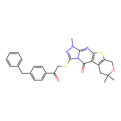 3-((2-(4-benzylphenyl)-2-oxoethyl)thio)-1,7,7-trimethyl-6,7-dihydro-1H-pyrano[4',3':4,5]thieno[2,3-d][1,2,4]triazolo[4,3-a]pyrimidin-5(9H)-one structure