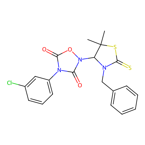 2-(3-benzyl-5,5-dimethyl-2-thioxothiazolidin-4-yl)-4-(3-chlorophenyl)-1,2,4-oxadiazolidine-3,5-dione structure