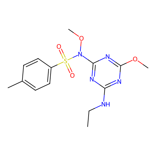 N-[4-(ethylamino)-6-methoxy-1,3,5-triazin-2-yl]-N-methoxy-4-methylbenzenesulfonamide structure