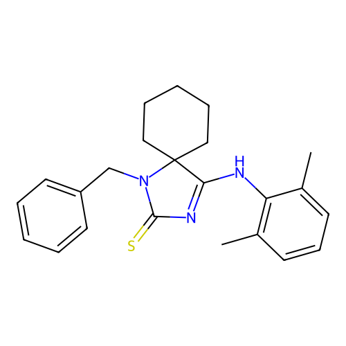 (4Z)-1-benzyl-4-[(2,6-dimethylphenyl)imino]-1,3-diazaspiro[4.5]decane-2-thione structure