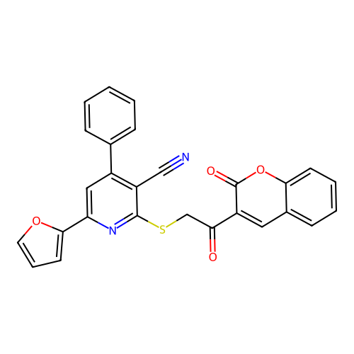 6-(2-furyl)-2-[2-oxo-2-(2-oxochromen-3-yl)ethyl]sulfanyl-4-phenyl-pyridine-3-carbonitrile structure