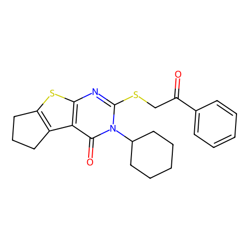 3-cyclohexyl-2-[(2-oxo-2-phenylethyl)sulfanyl]-3,5,6,7-tetrahydro-4H-cyclopenta[4,5]thieno[2,3-d]pyrimidin-4-one structure