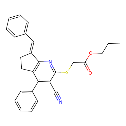 (Z)-propyl 2-((7-benzylidene-3-cyano-4-phenyl-6,7-dihydro-5H-cyclopenta[b]pyridin-2-yl)thio)acetate structure