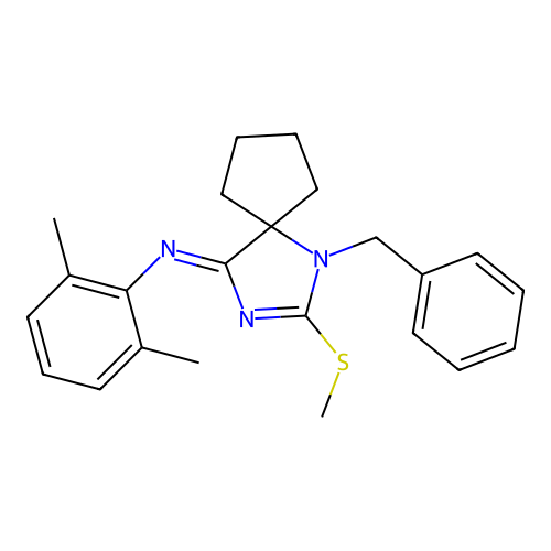 9-benzyl-N-(2,6-dimethylphenyl)-8-methylsulfanyl-7,9-diazaspiro[4.4]non-7-en-6-imine structure