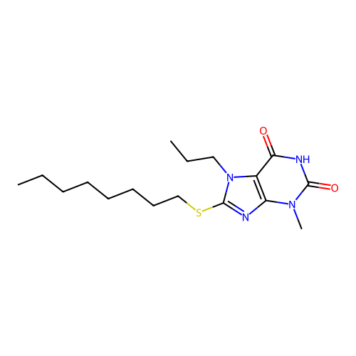 3-methyl-8-(octylsulfanyl)-7-propyl-3,7-dihydro-1H-purine-2,6-dione structure