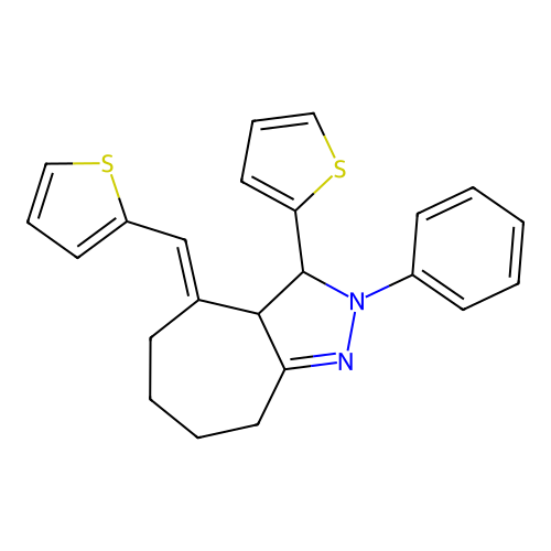 (4E)-2-phenyl-3-(thiophen-2-yl)-4-(thiophen-2-ylmethylidene)-2,3,3a,4,5,6,7,8-octahydrocyclohepta[c]pyrazole structure