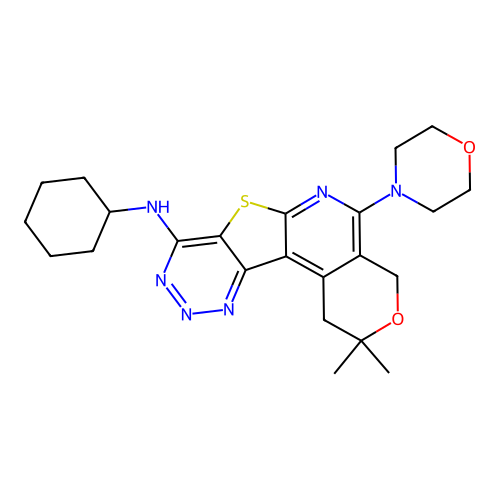 N-cyclohexyl-2,2-dimethyl-5-(morpholin-4-yl)-1,4-dihydro-2H-pyrano[4'',3'':4',5']pyrido[3',2':4,5]thieno[3,2-d][1,2,3]triazin-8-amine structure