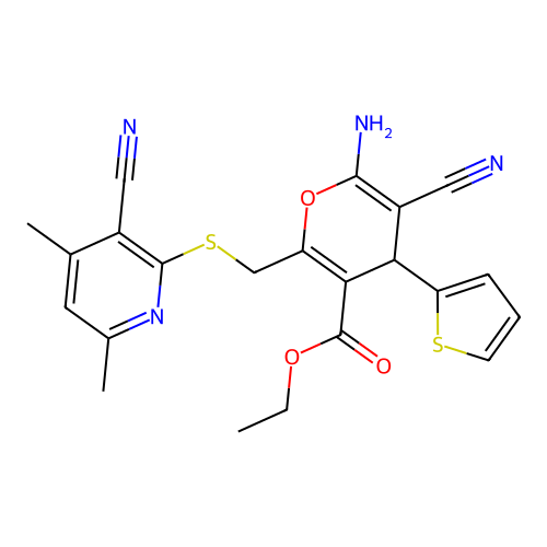 ethyl 6-amino-5-cyano-2-(((3-cyano-4,6-dimethylpyridin-2-yl)thio)methyl)-4-(thiophen-2-yl)-4H-pyran-3-carboxylate structure